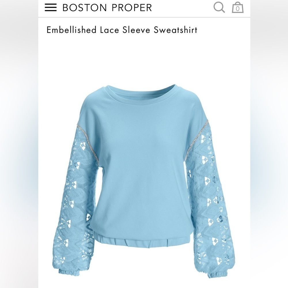 Embellished Lace Sleeve Sweatshirt Airy Blue by Boston proper S pullover stretch - Picture 8 of 10
